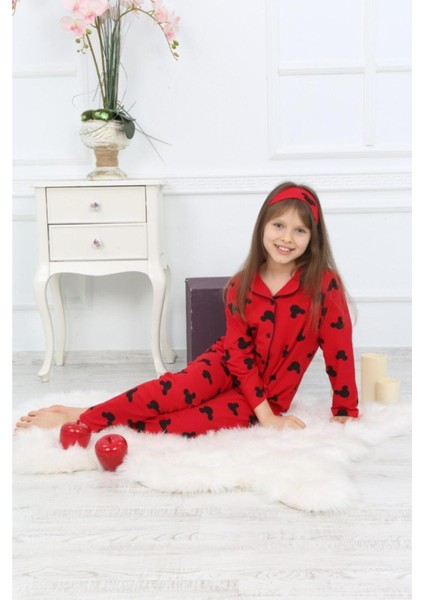 Kız Çocuk Kırmızı Renk Efsane Mickey Mouse Karakter Baskılı Desenli Pijama Alt Üst Takım indirimleri