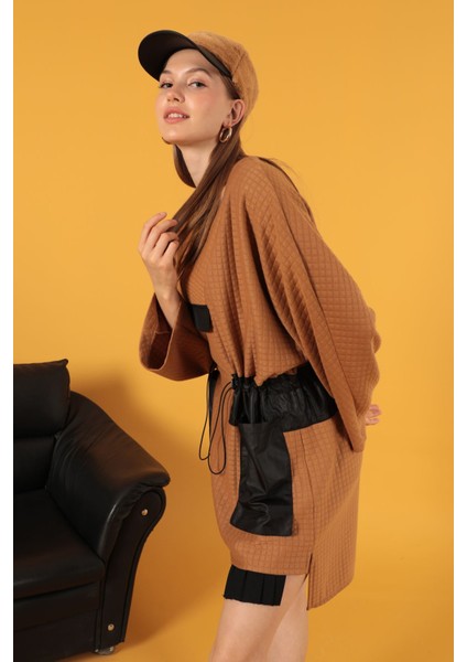 Petek Kumaş Garnili Oversize Kadın Sweat-Camel