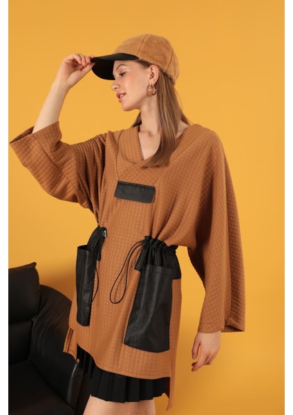 Petek Kumaş Garnili Oversize Kadın Sweat-Camel