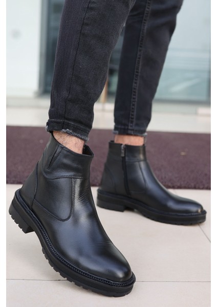 Siyah Cilt Garantili Erkek Deri Soğuk Geçirmez Kaymaz Kauçuk Taban Bot Igor-8952