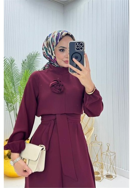 Kadın Bordo Kuşaklı Gül Detaylı Salaş Tulum DPNMS003