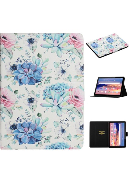 Huawei Mediapad T5 Deri Kılıf Için Beyaz Mavi Çiçek (Yurt Dışından)