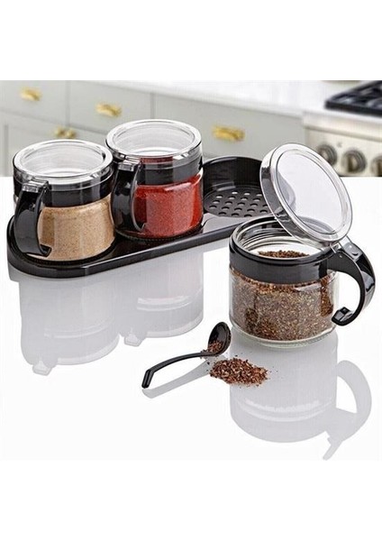 BUFFER® Siyah 3lü Standlı Kapaklı Kaşıklı Cam Hava Sızdırmaz Baharatlık Takımı KC-386