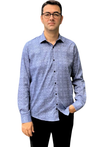 Uzun Kol Regular Fit Geometrik Baskılı Pamuk Boss Model Erkek Gömlek (Mavi)