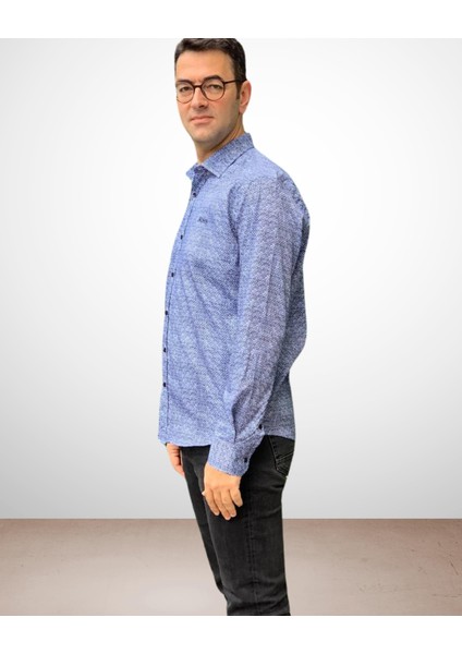 Uzun Kol Regular Fit Geometrik Baskılı Pamuk Boss Model Erkek Gömlek (Mavi)