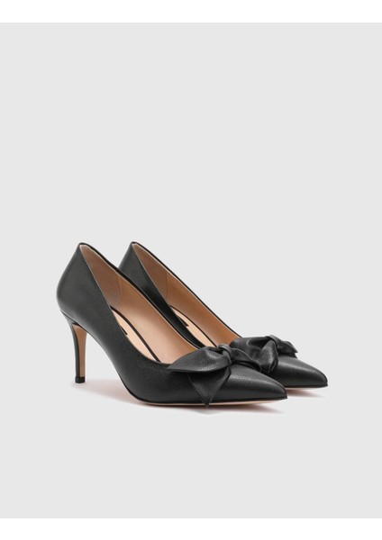 Madeira Hakiki Buffalo Deri Kadın Siyah Topuklu Ayakkabı