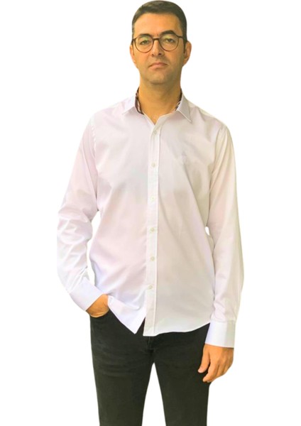 Uzun Kol Regular Fit Pamuk Saten Burberry Model Erkek Gömlek (Beyaz)