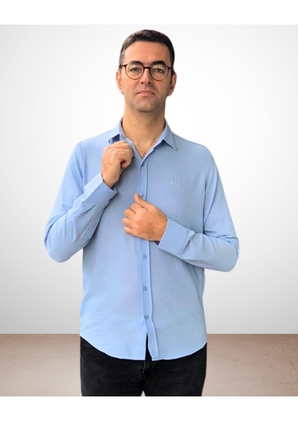 Uzun Kol Regular Fit Kalın Keten Erkek Gömlek (Mavi)