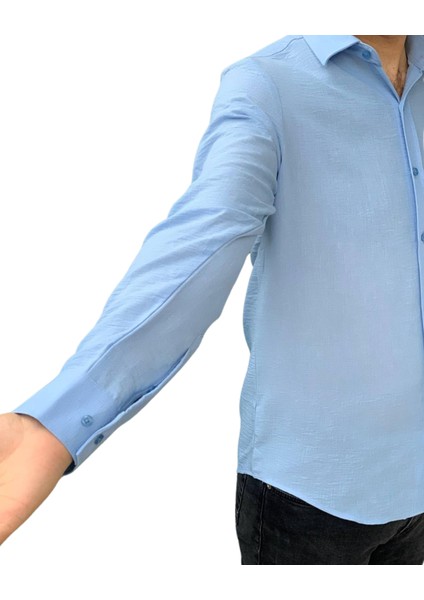 Uzun Kol Regular Fit Kalın Keten Erkek Gömlek (Mavi)