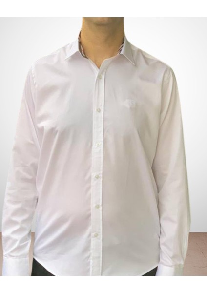 Uzun Kol Regular Fit Pamuk Saten Burberry Model Erkek Gömlek (Beyaz) modelleri