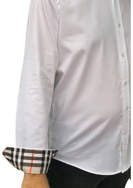 Uzun Kol Regular Fit Pamuk Saten Burberry Model Erkek Gömlek (Beyaz) fırsatları