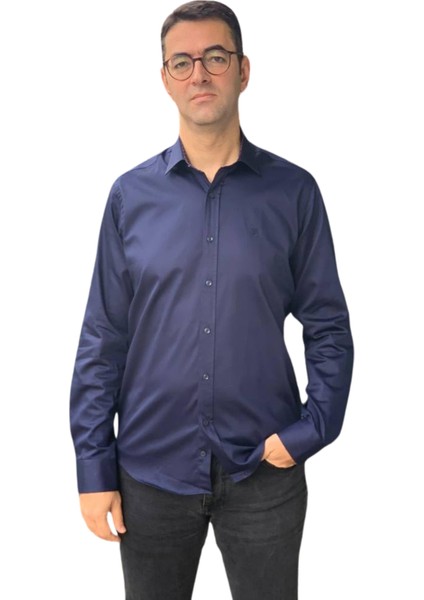 Uzun Kol Regular Fit Pamuk Saten L.v. Model Erkek Gömlek (Lacivert)