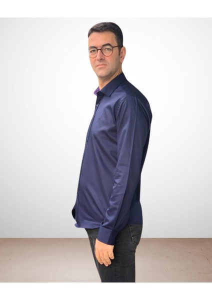 Uzun Kol Regular Fit Pamuk Saten L.v. Model Erkek Gömlek (Lacivert)