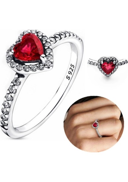 Işıltılı Kırmızı Yüksek Taşlı Kalp Yüzük Tarz