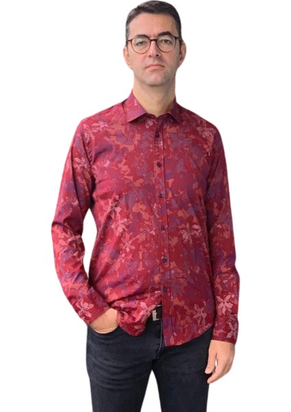 Uzun Kol Regular Fit Pamuk Hermes Model Erkek Gömlek (Bordo)
