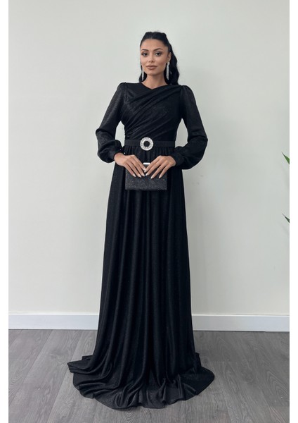 Simli Tül Kumaş Büzgü Detaylı Abiye Elbise - Siyah