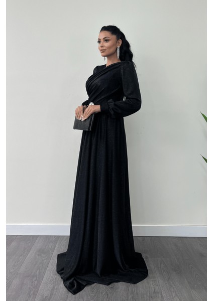 Simli Tül Kumaş Büzgü Detaylı Abiye Elbise - Siyah fiyatları