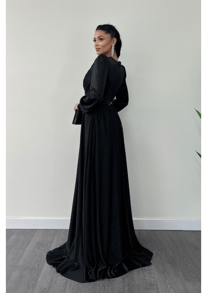 Simli Tül Kumaş Büzgü Detaylı Abiye Elbise - Siyah indirimleri