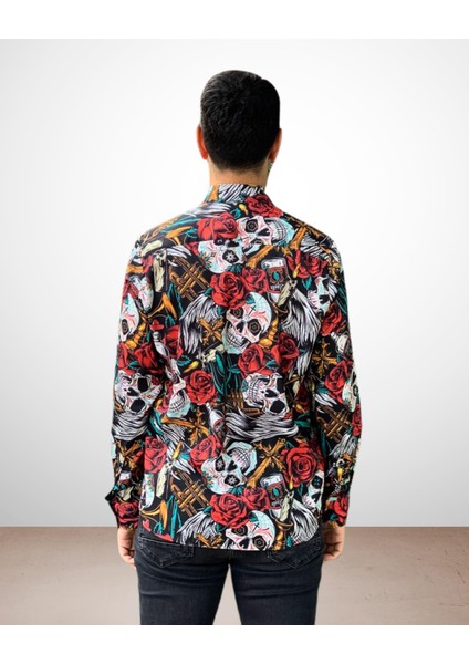 Uzun Kol Regular Fit Pamuk Philipp Plein Kuru Kafa Desenli Erkek Gömlek (Kırmızı)