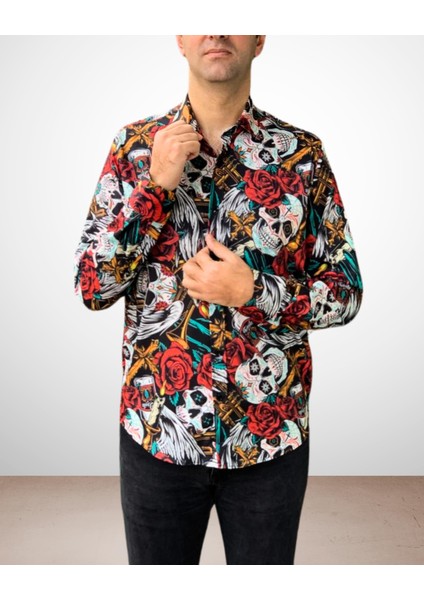 Uzun Kol Regular Fit Pamuk Philipp Plein Kuru Kafa Desenli Erkek Gömlek (Kırmızı)