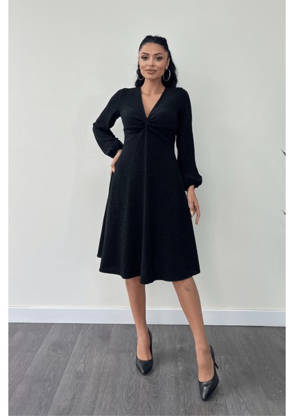 Pırıltılı Krep Kumaş Burgu Detaylı Midi Elbise - Siyah