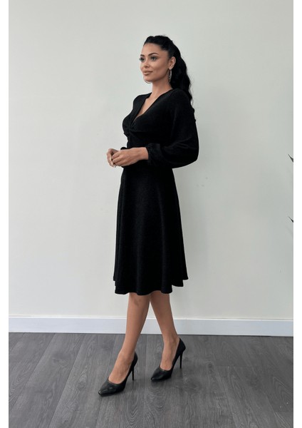 Pırıltılı Krep Kumaş Burgu Detaylı Midi Elbise - Siyah fiyatları