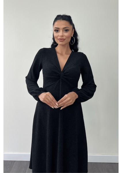 Pırıltılı Krep Kumaş Burgu Detaylı Midi Elbise - Siyah modelleri