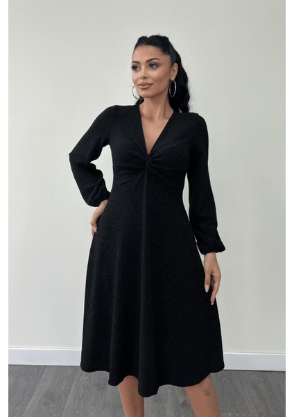 Pırıltılı Krep Kumaş Burgu Detaylı Midi Elbise - Siyah fırsatları