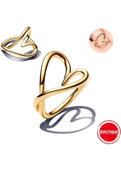 Doğal Şekilli Gold Renk Kalp Gümüş Yüzük