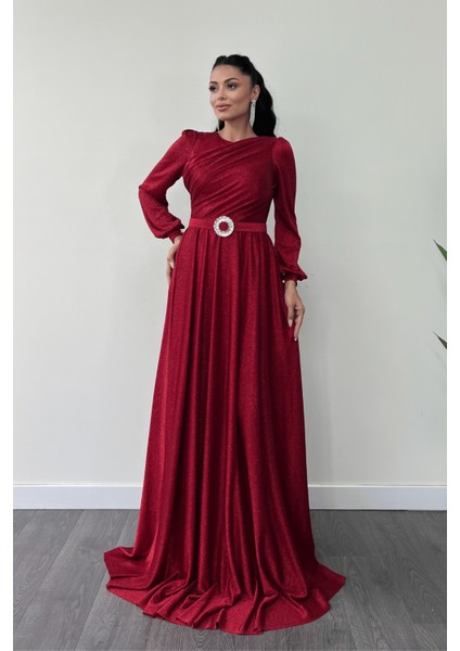 Simli Tül Kumaş Büzgü Detaylı Abiye Elbise - Kırmızı