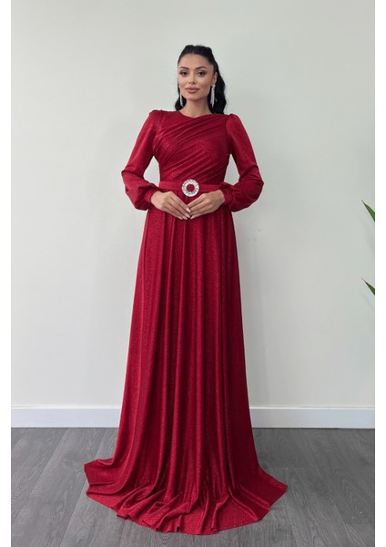 Simli Tül Kumaş Büzgü Detaylı Abiye Elbise - Kırmızı fiyatları