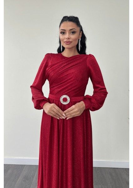 Simli Tül Kumaş Büzgü Detaylı Abiye Elbise - Kırmızı modelleri