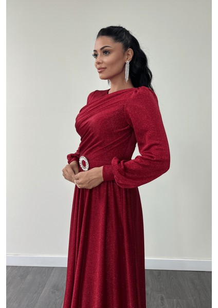 Simli Tül Kumaş Büzgü Detaylı Abiye Elbise - Kırmızı fırsatları