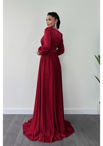 Simli Tül Kumaş Büzgü Detaylı Abiye Elbise - Kırmızı indirimleri