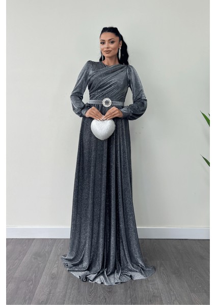 Simli Tül Kumaş Büzgü Detaylı Abiye Elbise - Gümüş