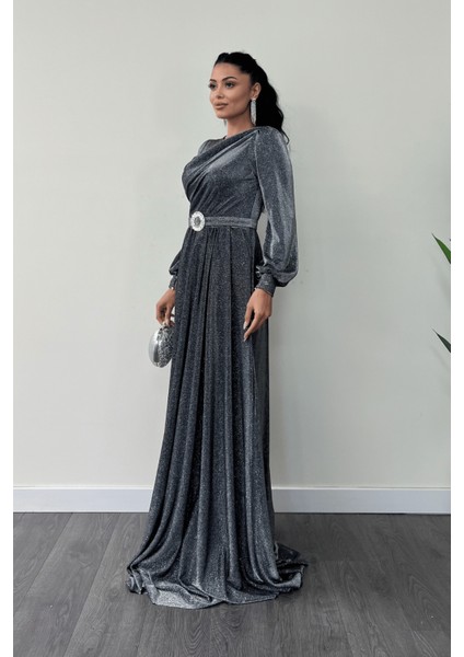 Simli Tül Kumaş Büzgü Detaylı Abiye Elbise - Gümüş fiyatları