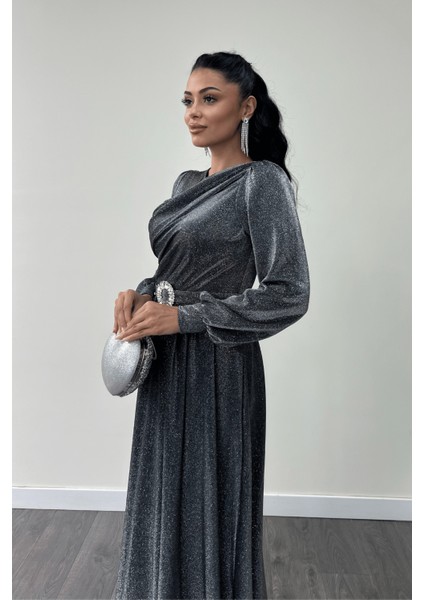 Simli Tül Kumaş Büzgü Detaylı Abiye Elbise - Gümüş modelleri