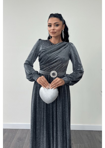 Simli Tül Kumaş Büzgü Detaylı Abiye Elbise - Gümüş fırsatları