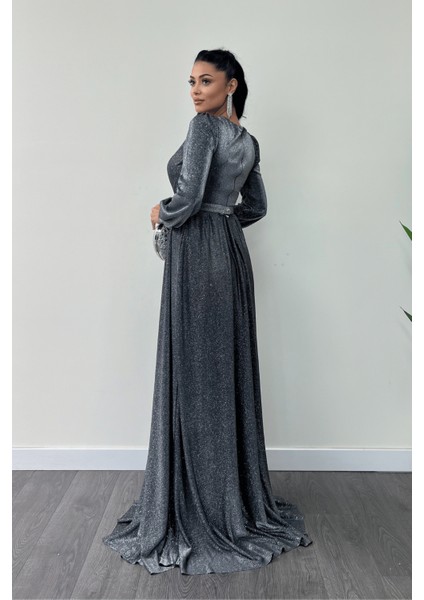 Simli Tül Kumaş Büzgü Detaylı Abiye Elbise - Gümüş indirimleri