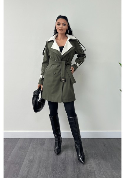 Bondit Kumaş Tasarım Trençkot - Haki Yeşili