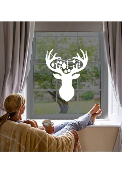 Tekno Trust Yılbaşı Cam Süslemeleri Geyik Başı Sticker Yapıştırma 80X100CM - Beyaz indirimleri