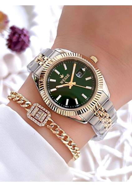 Çelik Kordon Takvimli Kadran 5 Atm Suya Dayanıklı Kadın Kol Saati+Bileklik BW.1115B.GS