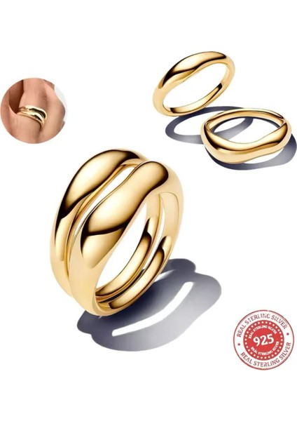 925 Ayar Doğal Şekilli Gold Renk Ikili Gümüş Yüzükler