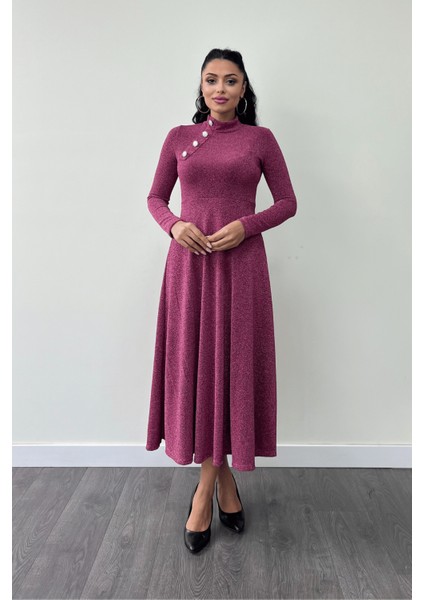 Pırıltılı Krep Kumaş Düğme Detaylı Midi Elbise - Gül Kurusu