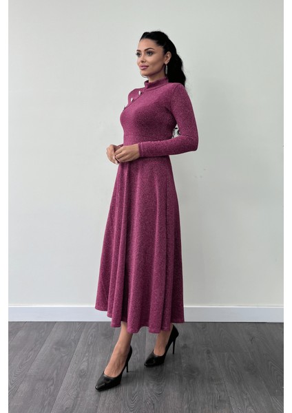 Pırıltılı Krep Kumaş Düğme Detaylı Midi Elbise - Gül Kurusu fiyatları