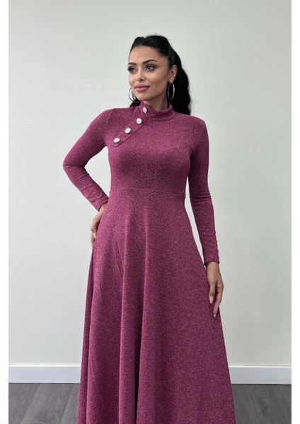 Pırıltılı Krep Kumaş Düğme Detaylı Midi Elbise - Gül Kurusu modelleri