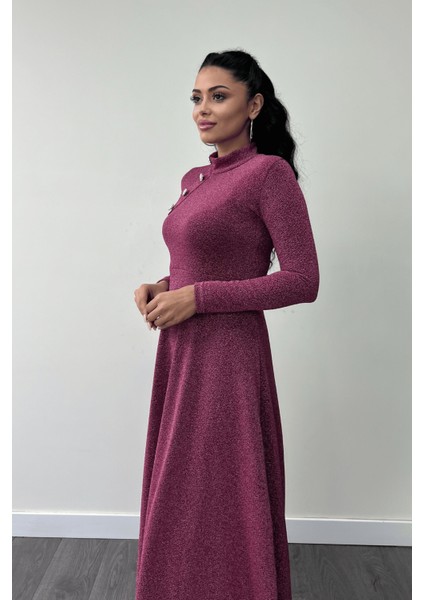 Pırıltılı Krep Kumaş Düğme Detaylı Midi Elbise - Gül Kurusu fırsatları