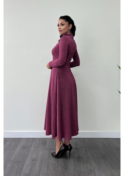 Pırıltılı Krep Kumaş Düğme Detaylı Midi Elbise - Gül Kurusu indirimleri