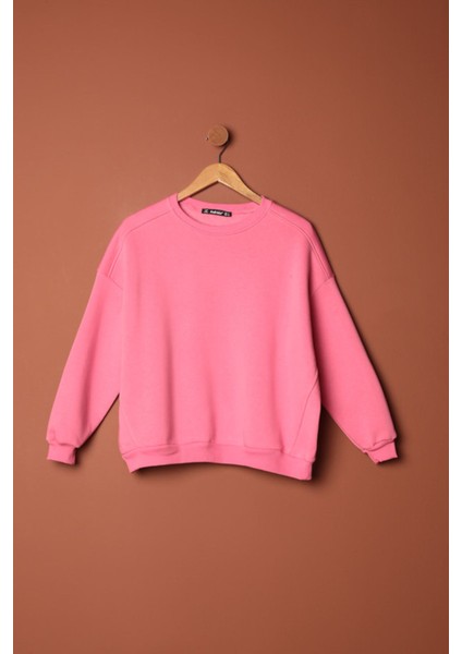 Üç Iplik Sıfır Yaka Çimalı Kadın Pembe Sweat