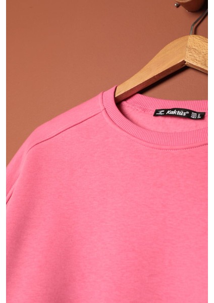 Üç Iplik Sıfır Yaka Çimalı Kadın Pembe Sweat